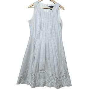 Etcetera Vintage Beige 100% Linen Embroidered Pleated Sleeveless Dress Women 10